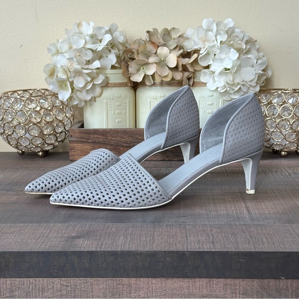 Vince Aurelian gray leather perforated d'Orsay heels